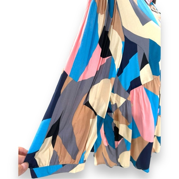 Umgee Plus Abstract Print 3/4 Puff Sleeve Button Up Collared BabyDoll Top - Picture 4 of 9